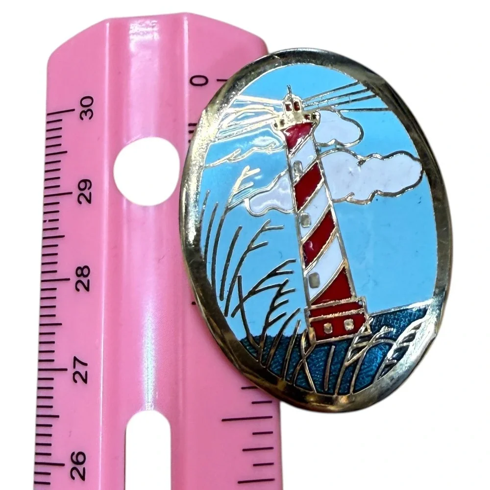 Vintage Cloisonne  Red White Striped Lighthouse Ocean‎ Pin Brooch